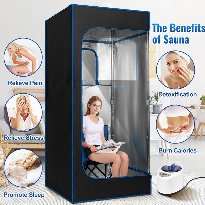 Photo 3 of (READ NOTES) X-Vcak Portable Steam Sauna, Portable Sauna for Home, Sauna Tent Sauna Box with 2.6L Steamer, Remote Control, Folding Chair, 9 Levels, Black with Blue, 2.6’ x 2.6‘ x 5.9‘