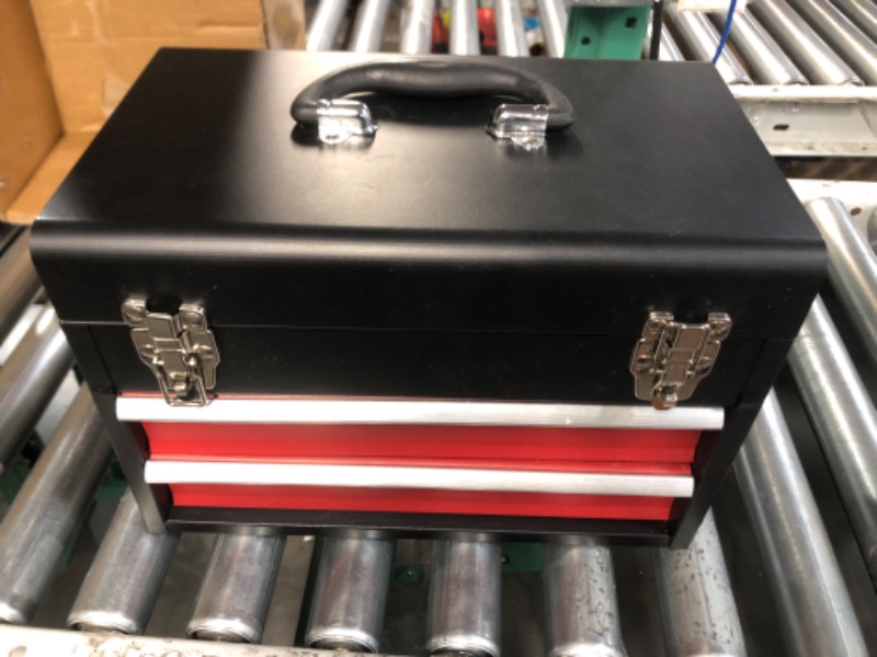 Photo 2 of 2 Drawers Portable Steel Tool Box with Metal Latch Closure - Black Hand Carry Metal 14“ Tool Chest Case Organizer for Tools Storage Cabinet - Powder Coated Toolbox Chest (EXCLUDING TOOLS)