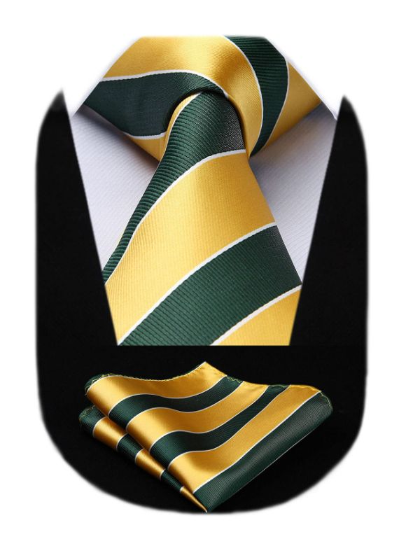 Photo 2 of *** set of 2***HISDERN Stripe Tie Mens Ties and Pocket Square Set Classic 3.4'' Silk Formal Necktie Handkerchief for Business Wedding 8.5cm / 3.4 inches in Width E-02-yellow & Green