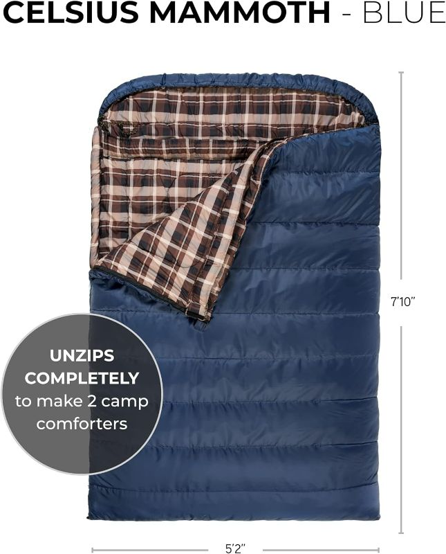 Photo 4 of (READ NOTES) TETON Sports Celsius Mammoth Double Sleeping Bag - 0° & 20° Degree Options - Taffeta Queen-Sized Cold-Weather with Full-Length Zippers - 2-Person Camping Accessory for Car & Tent Campers Mammoth 20F Blue