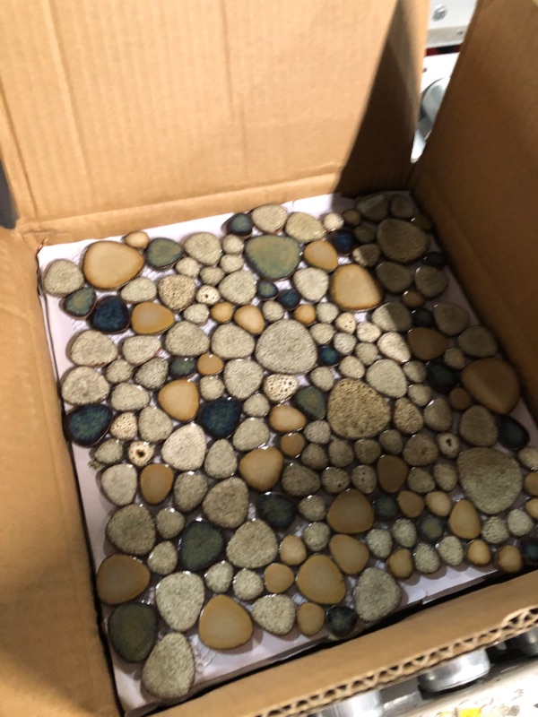 Photo 2 of Primoon Pebble Stone Mosaic Tiles 5 Sheets, Beige Tan Brown Ceramic 12x12, Glazed Porcelain Tile