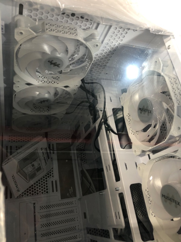 Photo 4 of MUSETEX ATX PC Case,5 PWM ARGB Fans Pre-Installed,360MM RAD Support,Type-C Gaming PC Case,270° Full View Tempered Glass Mid Tower PC Case,Pure White ATX Computer Case,Y6