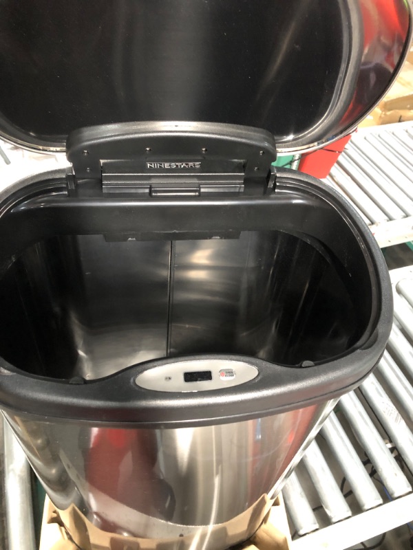 Photo 2 of ***MOTION SENSING FUNCTION DOESN'T WORK - USED AND DIRTY - SCRATCHED***
NINESTARS DZT-50-13 Automatic Touchless Motion Sensor Oval Trash Can with Black Top, 13 gallon/50 L, Stainless Steel