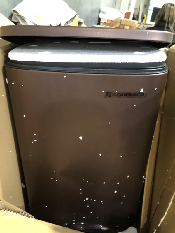 Photo 5 of **MAJOR DENT STILL FUNCTIONAL**
SONGMICS 13 Gallon Trash Can, Stainless Steel Soft Close, Step-On Pedal, Brown ULTB50BR