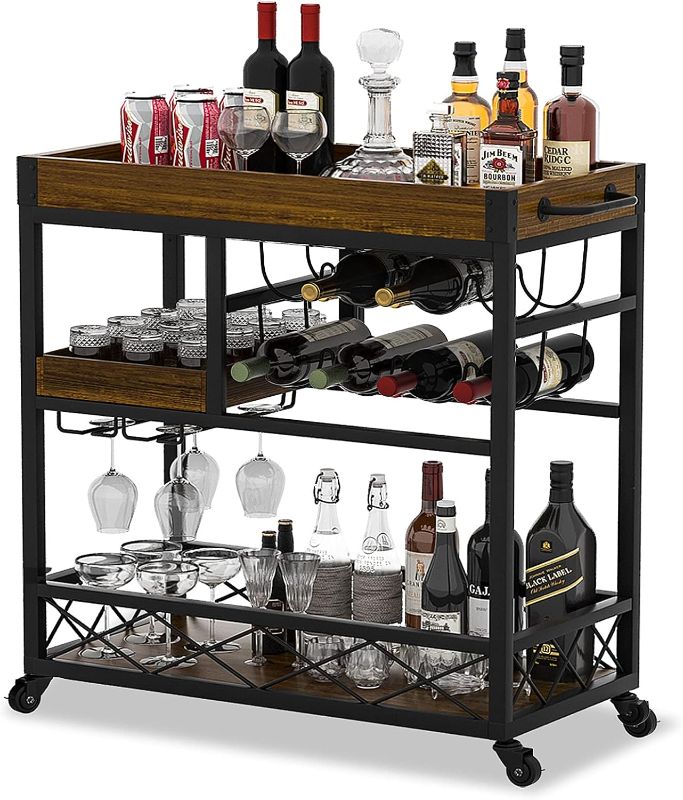 Photo 1 of ***READ NOTES***Ohsuaniy Bar Cart, Movable Top, 3 Tire Rolling Wooden Trolley with Glass Holder & Sturdy Wood Shelves, brown