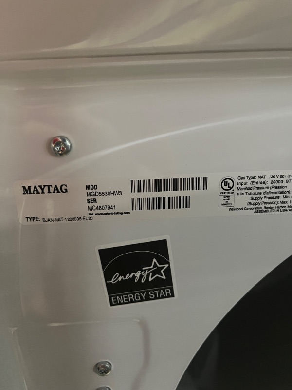 Photo 9 of Maytag 7.3-cu ft Reversible Side Swing Door Stackable Gas Dryer (White) ENERGY STAR