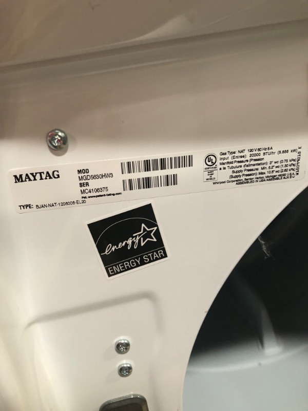 Photo 9 of Maytag 7.3-cu ft Reversible Side Swing Door Stackable Gas Dryer (White) ENERGY STAR