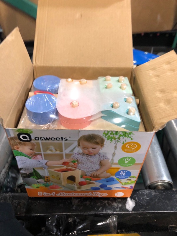 Photo 3 of Asweets 8 in 1 Montessori Toys for 1 Year Old Includes Object Permanence Box?Montessori Coin Box?Carrot Harvest Game?Matchstick Color Drop Game?Ball Drop Learning Toys for 6-12 Months