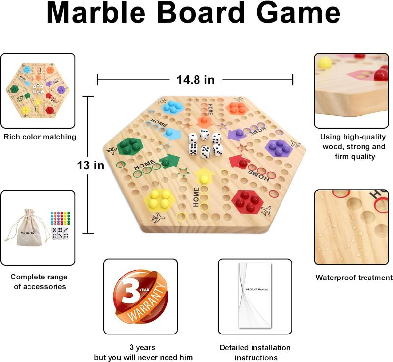 Photo 4 of (READ NOTES) Medikaison Original Marble Game Wahoo Board Game Double Sided Painted Wooden Fast Track Board Game for 6 and 4 Players 6 Colors 24 Marbles 6 Dice for Family Friends medium size