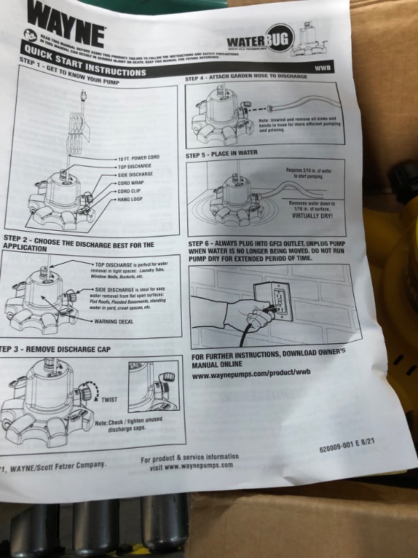 Photo 2 of ***UNTESTED**WAYNE Waterbug 1/6 HP 1350 GPH Submersible Multi-Flo Technology-Water Removal and Transfer Pump, Yellow WWB WaterBug 1/6 HP 1350 GPH