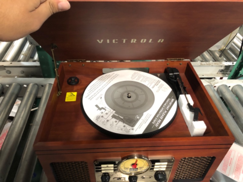 Photo 4 of Victrola Nostalgic 6-in-1 Bluetooth Record Player & Multimedia Center with Built-in Speakers - 3-Speed Turntable, CD & Cassette Player, FM Radio | Wireless Music Streaming | Mahogany Mahogany Entertainment Center