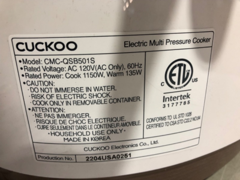 Photo 4 of ***USED - POWERS ON - UNABLE TO TEST FURTHER***
CUCKOO CMC-QSB501S | 5QT. Premium 8-in-1 Electric Pressure Cooker