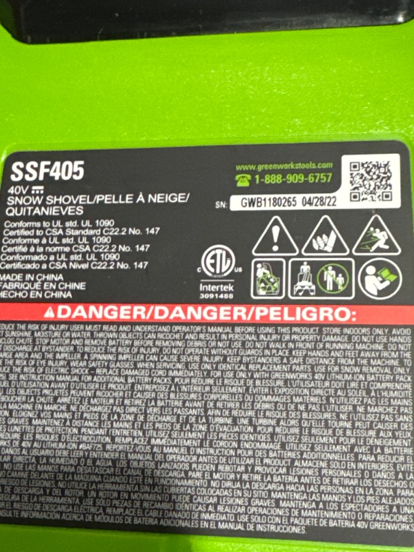 Photo 5 of ***USED READ NOTES***Greenworks 40V 12-Inch Cordless Snow Shovel 4Ah Battery and Charger