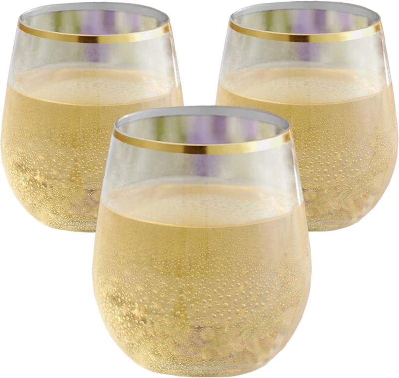 Photo 1 of  Crystal Clear Plastic Wine Glasses Set 6 Gold Rim)