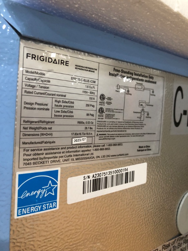 Photo 4 of **NONREFUNDABLE**FOR PARTS OR REPAIR**SEE NOTES**
Frigidaire EFR115-BLUE 1.6 Cu Ft Compact Fridge - Blue