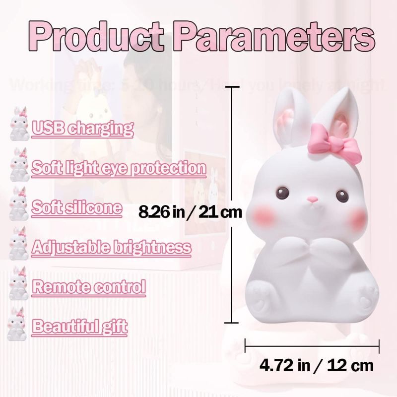 Photo 4 of (READ FULL POST) Night Light for Kids, Cute Squishy Bunny Silicone Lamp with Remote, Kawaii Animals Bedside Light Up for Woman and Girls, Pink LED Decor Rabbit Nightlight for Toddler Bedroom. Pink Large