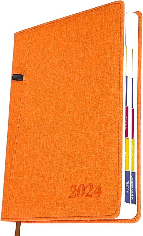 Photo 1 of 2024 Daily Planner/Appointment Book 2024, Daily Hourly & Monthly Agenda Planner (Jan-Dec 2024) Thick Paper + Pen Loop + Pocket + Monthly Tabs, 8.26" x 5.7" Calendar Planner (orange)