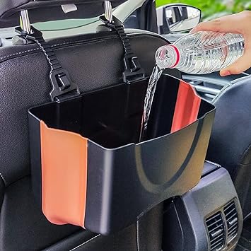 Photo 1 of pzoz Upgrade Hanging Car Trash Can, Collapsible Portable Waterproof Garbage Bag with Clip Small Car Organizer Holder Storage Pockets Container, Mini Bin for Front Back Seat Accessories (Black Brown)