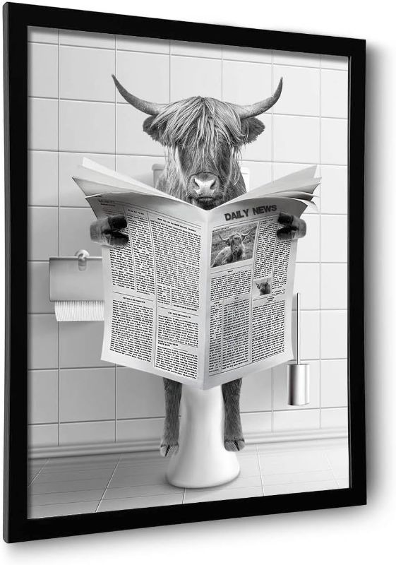 Photo 1 of Cow Reading Newspaper Toilet Canvas Wall Art Black and White Highland Cow Print Pictures 