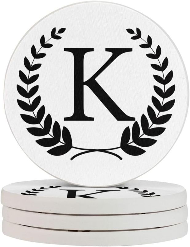Photo 1 of Leaf Letters K Absorbent Drink Coasters Set of 4 Diatomaceous Round Coaster Alphabet Reusable Diatomite Cup Coasters for Table Protection Modern Housewarming Gifts 4 Inches