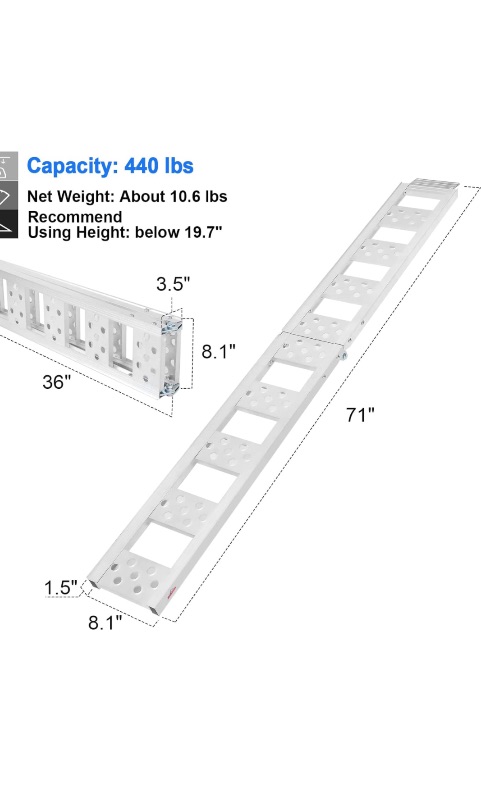 Photo 2 of Ruedamann 6'L x 8.1" W Folding Loading Ramp, 440 Ibs Capacity, Aluminum Lightweight Portable Ramp for ATVs,
UTVs, Motorcycles, Bikes, 1PC