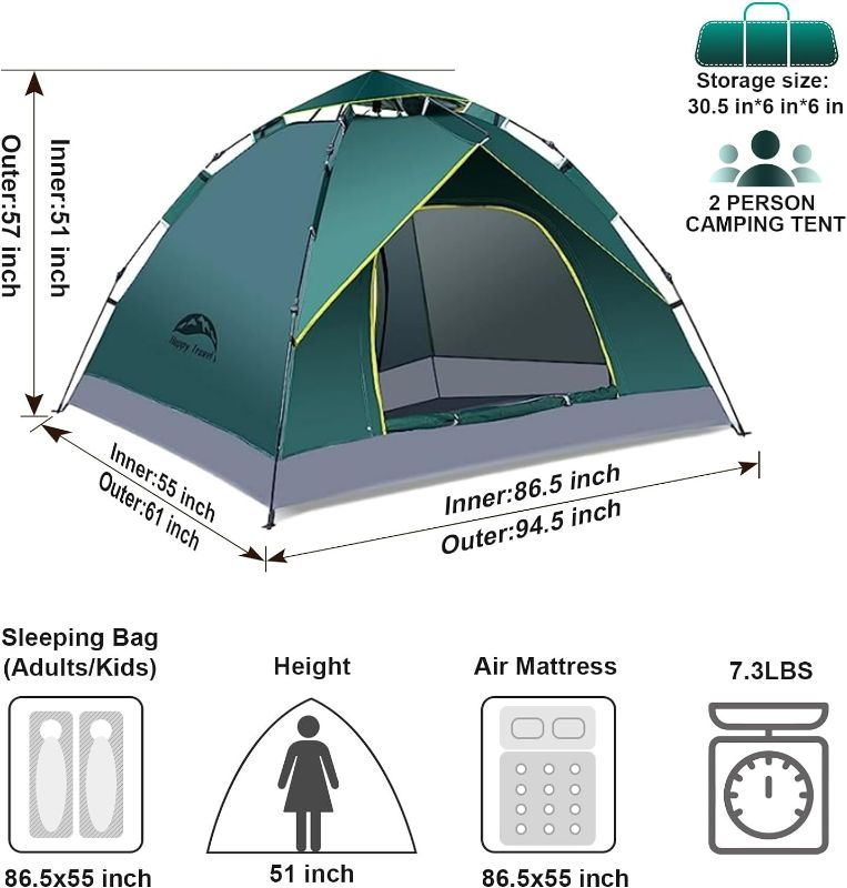 Photo 3 of (READ NOTES) Happy Travel Pop Up Tent Family Camping Tent, Portable Instant Tent,Automatic Waterproof Windproof Easy Set Up Tent, Sun Shelter Beach Tent for Camping Outdoor Hiking Mountaineering Dark green 3-4 Person