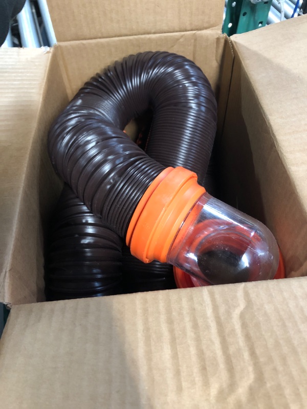 Photo 2 of Camco RhinoFLEX RV Sewer Hose Kit with Swivel Transparent Elbow and 4-in-1 Dump Station Fitting, Brown, 15 Feet (39770) 15ft Sewer Hose Kit Frustration-Free Packaging