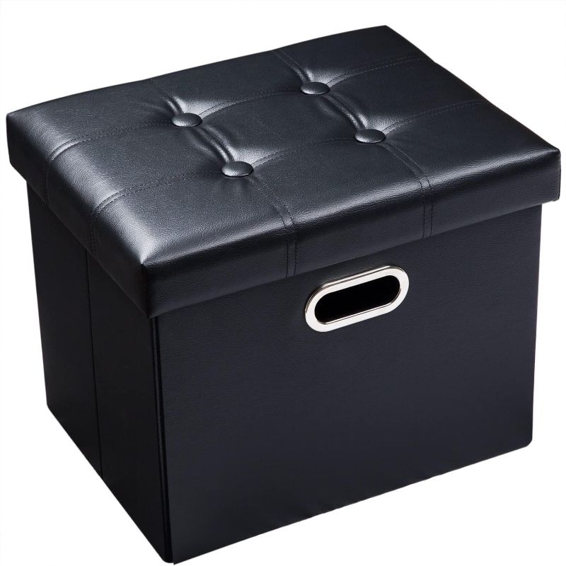 Photo 1 of **Item has damage PRANDOM Ottoman with Storage [1-Pack] Faux Leather Folding Small Square Foot Stool with Lid for Living Room Bedroom Coffee Table Dorm Toy Black 