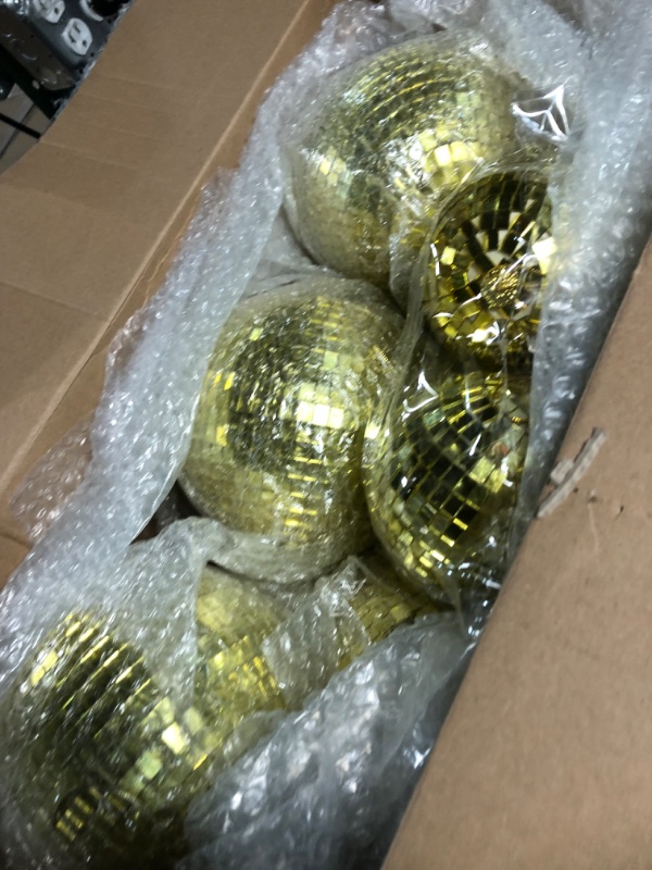 Photo 4 of Large Gold Disco Ball Mirror Disco Ball 70s Mellow Gold Disco Ball Hanging Disco Ball Stage Lightning Effect Ball for 70s Theme Party DJ Stage Props Wedding Birthday Decoration (12 Pcs)