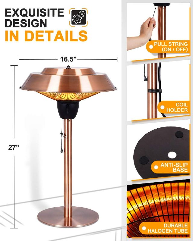 Photo 4 of (READ NOTES) Star Patio Electric Patio Heater, Outdoor Heater, 1500W Infrared Heater with Brush Copper Finished, Tip-Over Protection, Electric Tabletop Heater, IP44 Waterproof, STP1566-CT-B