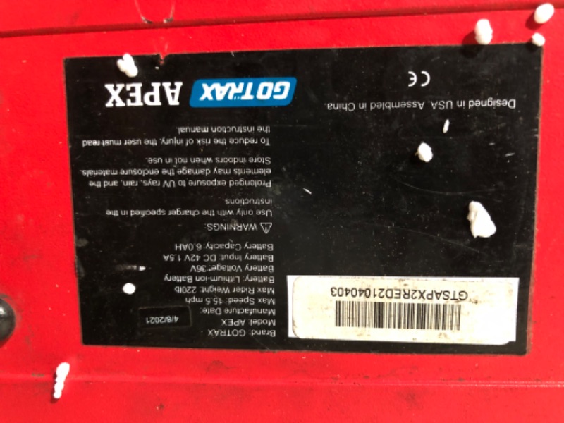Photo 6 of ***NOT FUNCTIONAL - FOR PARTS ONLY - NONREFUNDABLE - SEE COMMENTS***
Gotrax Apex Adult Electric Scooter, 8.5" Tires 15 mile and 15.5Mph Foldable Escooter, Red