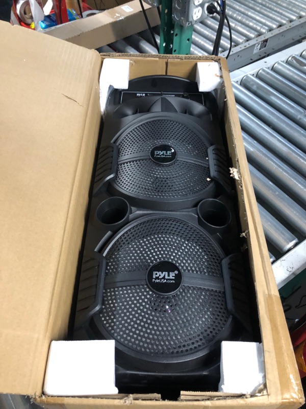 Photo 2 of **missing charger** Pyle Portable Bluetooth PA Speaker System - 600W Rechargeable Outdoor Bluetooth Speaker Portable PA System w/ Dual 8” Subwoofer 1” Tweeter, Microphone In, Party Lights, USB, Radio, Remote - PPHP2835B