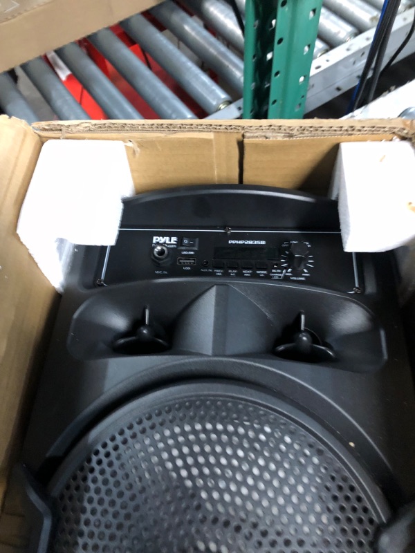 Photo 3 of **missing charger** Pyle Portable Bluetooth PA Speaker System - 600W Rechargeable Outdoor Bluetooth Speaker Portable PA System w/ Dual 8” Subwoofer 1” Tweeter, Microphone In, Party Lights, USB, Radio, Remote - PPHP2835B