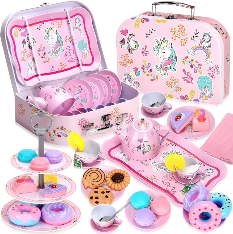 Photo 1 of Auney 36 PCS Tea Set Toys for Girls,Tin Tea Party Toy Pretend Play for Little Girls,Kids Real Littles for Tea Time with Tea Filter Bags and Lemon Slices (Unicorn Toy