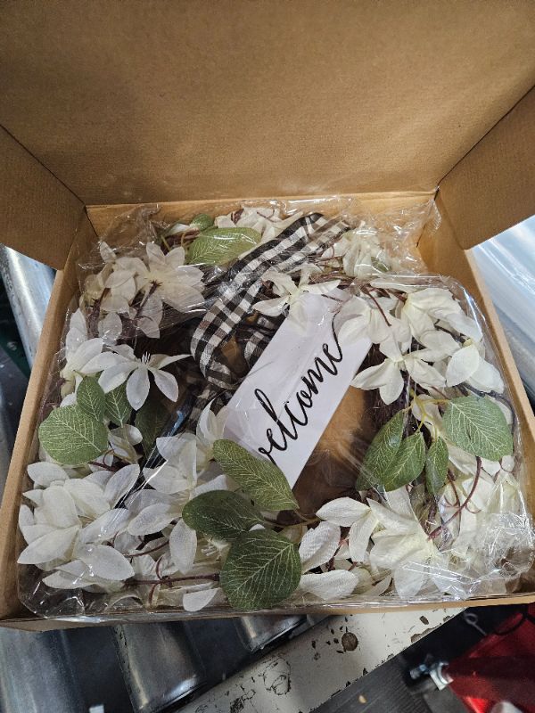 Photo 1 of Weldomcor 20 Inch Green Eucalyptus Leaf Wreath, Spring Summer Front Door Wreath with White Flowers