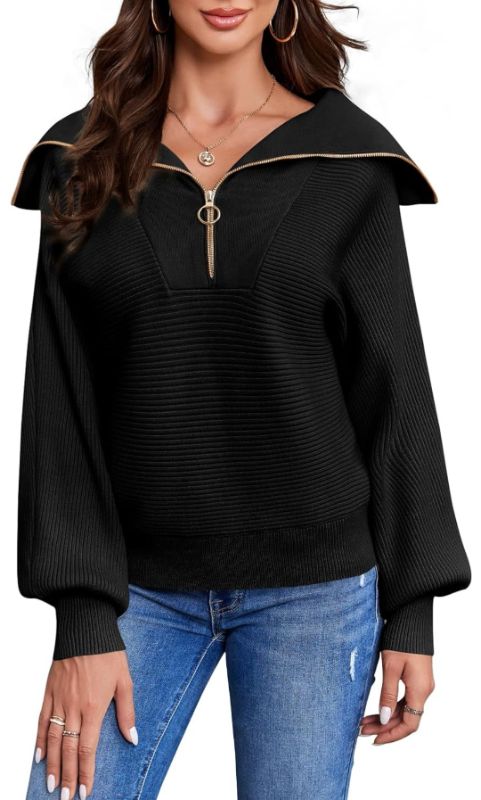 Photo 1 of Langwyqu Womens Oversized Half Zip Sweaters Casual Long Sleeve V Neck Collared Trendy Ribbed Knit Slouchy Pullover Tops (big)
