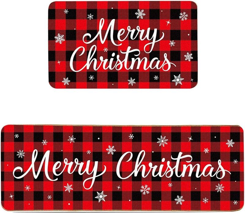 Photo 1 of (ONLY COMES WITH THE FIST MAT SHOWN) - Christmas Kitchen Rugs Sets Merry Christmas Checkered Kitchen Mat - 