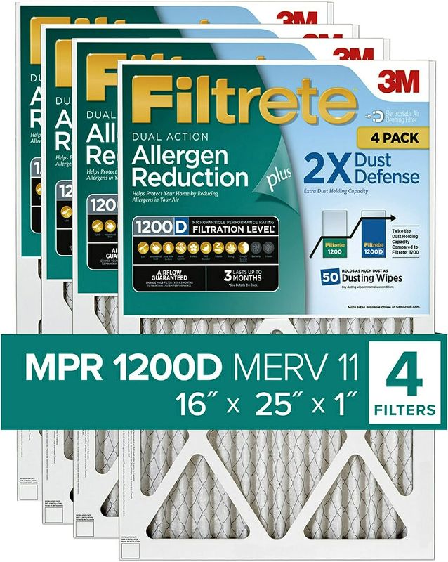 Photo 1 of (READ NOTES) Filtrete 16x25x1 Air Filter MPR 1200D MERV 11, Allergen Reduction Plus Dust, 4-Pack Filters (exact dimensions 15.69x19.69x0.81)


