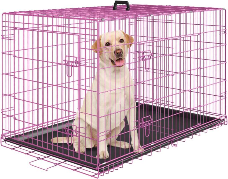 Photo 1 of  Dog Crate Large Foldable Dog Kennel Metal Wire Pet Dog Cage with Double-Door Leak-Proof Tray Divider Panel and Handle for Dog Cat Pet,Black