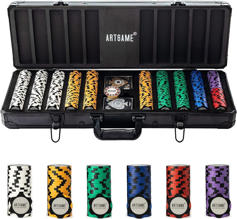 Photo 1 of ***see notes*** ARTGAME 14 Gram Clay Poker Chip Set for Texas Hold’em, 500Pcs Casino Style Chips, with K-Type Aluminum Case and Dealer Buttons.