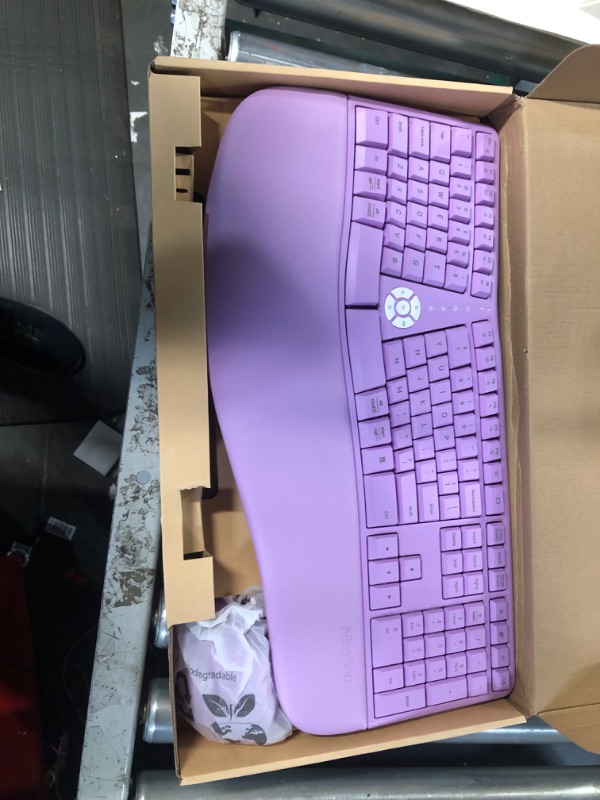 Photo 4 of MEETION Ergonomic Wireless Keyboard and Mouse, Ergo Keyboard with Vertical Mouse, Split Keyboard Cushioned Wrist Palm Rest Natural Typing Rechargeable Full Size, Windows/Mac/Computer/Laptop,Purple Large Purple