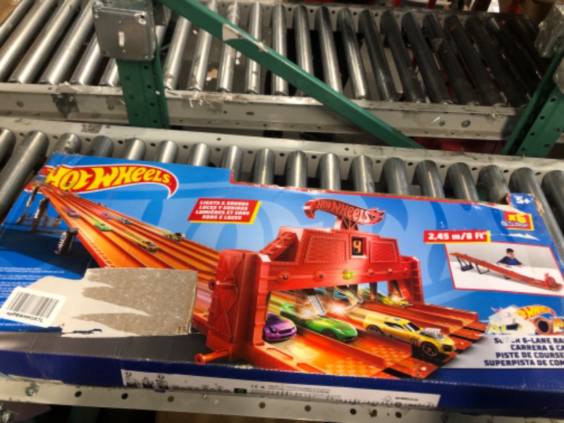 Photo 3 of ?Hot Wheels Track Set with 6 1:64 Scale Toy Cars and 6-Lane Race Track, Includes Track Storage and Lights and Sounds, Super 6-Lane Raceway ???