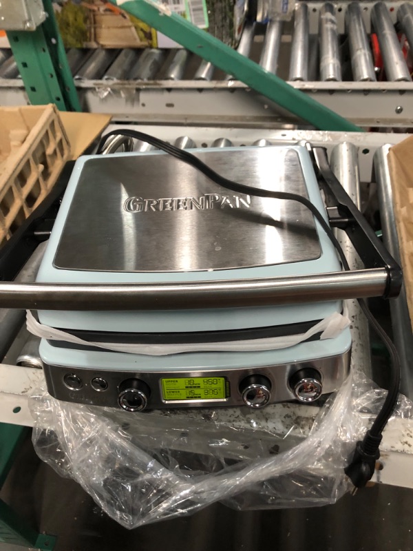 Photo 1 of GreenPan Elite 7-in-1 Multi-Function Contact Grill & Griddle, Healthy Ceramic Nonstick Aluminum, Two Sets of Grill & Waffle Plates, Adjustable Shade & Shear, Closed Press/Open Flat Surface, Blue Haze