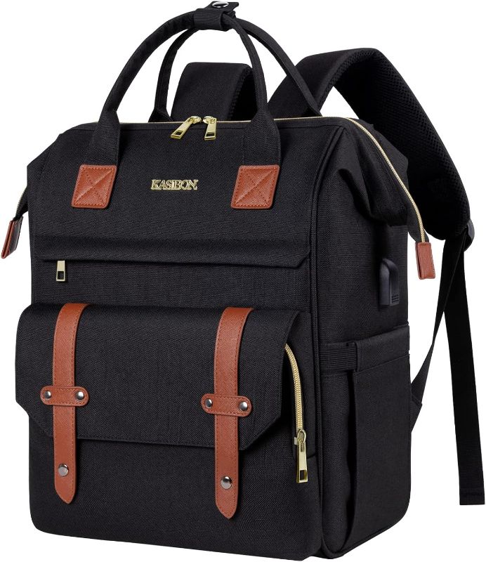 Photo 1 of kasibon 15.6 inch Laptop Backpack for Women, Large Wide Top Open Travel Backpack Work Bag Water Resistant Anti Theft Backpack with Charging Port Black 15.6