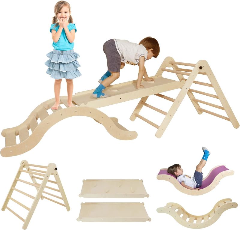 Photo 1 of bbgroundgrm Beech Pikler Triangle Set Climber 5 in 1, Toddler Climbing Toys Indoor Folding with Ramp & Arch & Mat & Wooden Puzzle, Wooden Climbing Toys Montessori Play Gym for Toddlers 1-3 and Kids Large