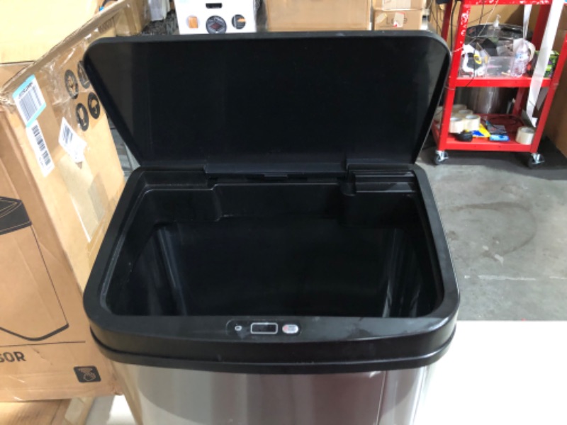 Photo 8 of ***USED - DIRTY - DENTED - MOTION SENSING FUNCTION DOESN'T WORK***
NINESTARS DZT-50-28 Automatic Touchless Motion Sensor Rectangular Trash Can, 13 Gal, Black Trim