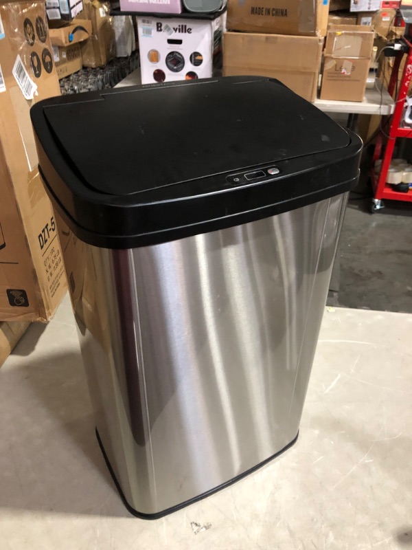 Photo 7 of ***USED - DIRTY - DENTED - MOTION SENSING FUNCTION DOESN'T WORK***
NINESTARS DZT-50-28 Automatic Touchless Motion Sensor Rectangular Trash Can, 13 Gal, Black Trim