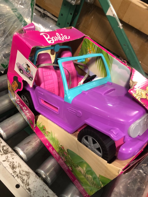 Photo 3 of Barbie Toy Car, Purple Off-Road Vehicle with 2 Pink Seats and Treaded, Rolling Wheels