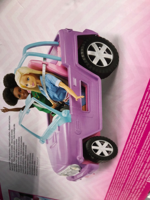 Photo 2 of Barbie Toy Car, Purple Off-Road Vehicle with 2 Pink Seats and Treaded, Rolling Wheels