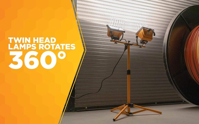 Photo 4 of (READ FULL POST) Woods L13 Twin Head Work Light, Adjustable Tripod Up To 42 Inches Tall, 16,000 Lumen, 4-Foot 18/3 Cord, Cord Storage Bracket, Weather Proof Power Switch Per Lamp For Individual Control (Includes 2 500-watt Quartz Halogen Bulbs) Yellow Pac